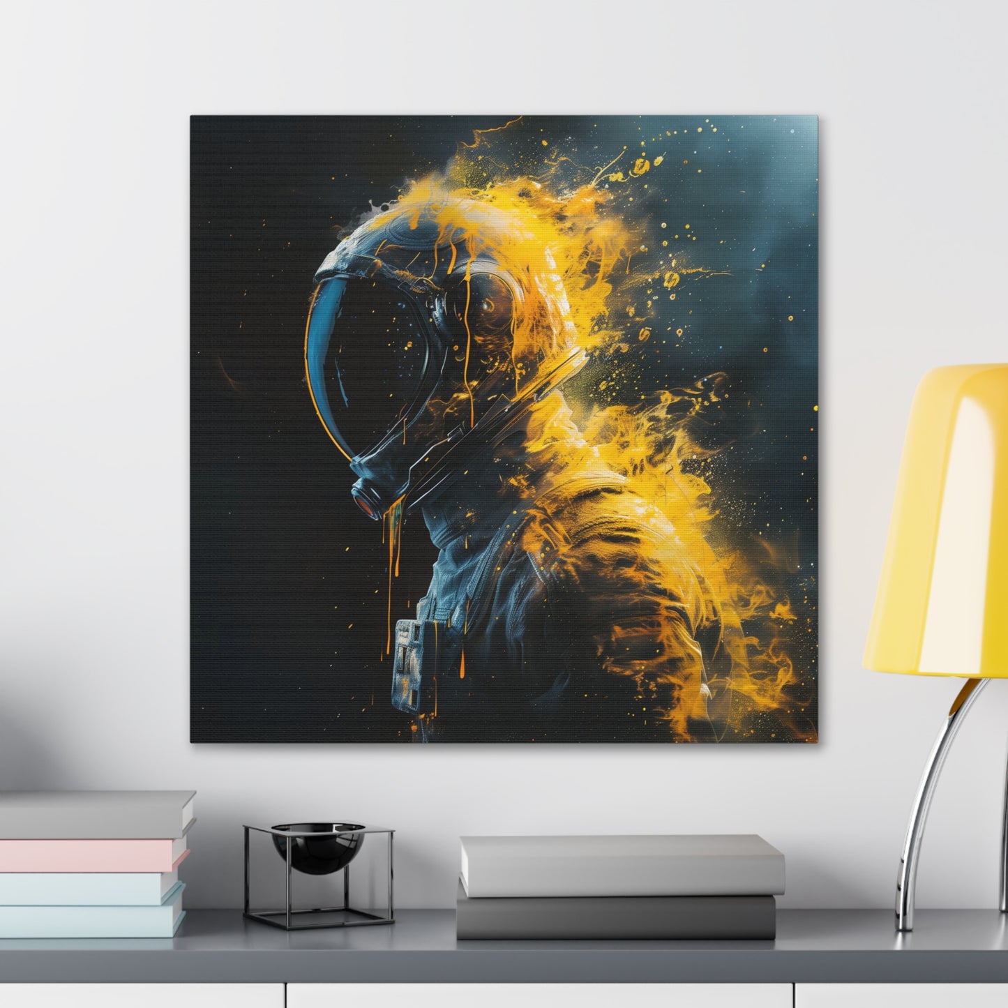 Abstract Wall Art - Black and Gold Spaceman Fire Painting, Canvas Gallery Wraps, Canvas Stretched, Melting Astronaut