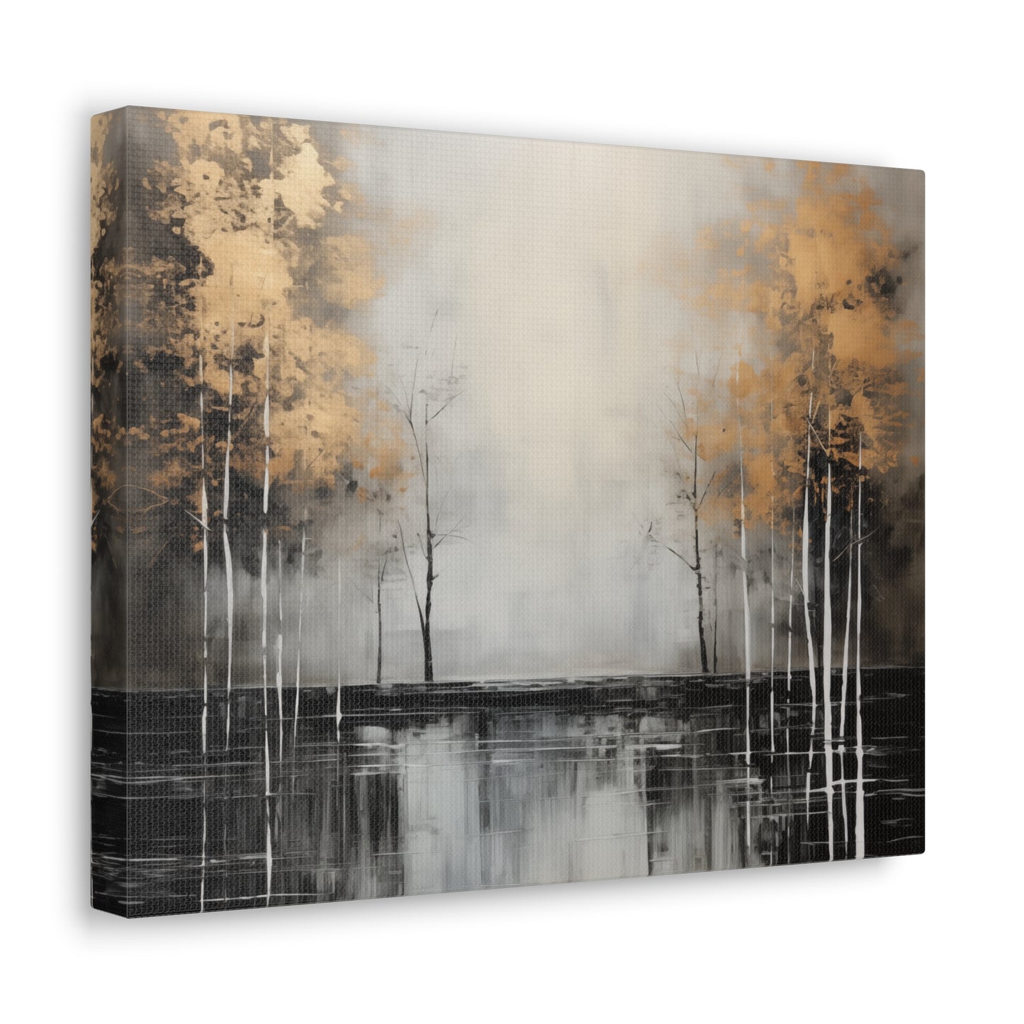 Abstract Wall Art - Black and Gold Painted trees on a river, Canvas Gallery Wraps, Canvas Stretched