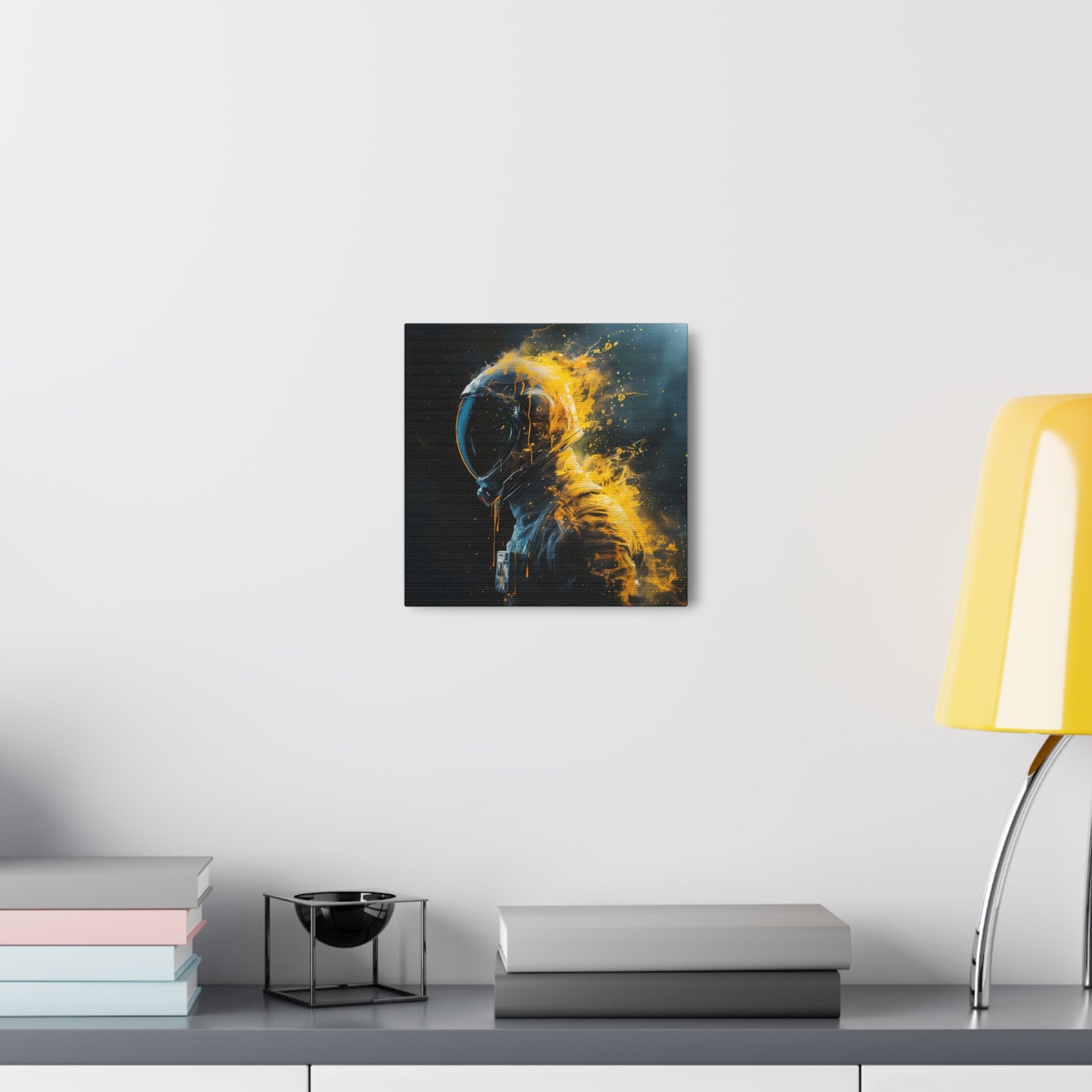 Abstract Wall Art - Black and Gold Spaceman Fire Painting, Canvas Gallery Wraps, Canvas Stretched, Melting Astronaut