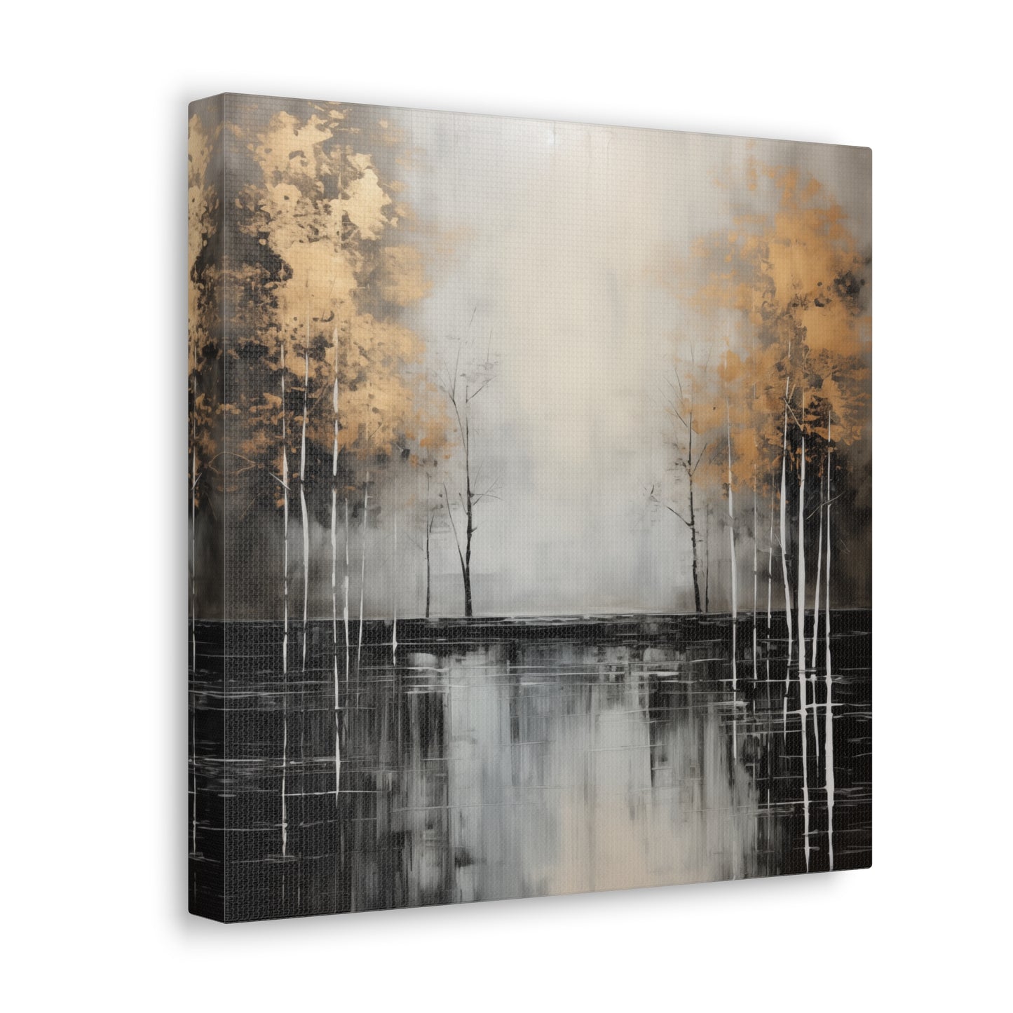 Abstract Wall Art - Black and Gold Painted trees on a river, Canvas Gallery Wraps, Canvas Stretched