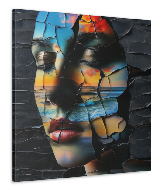 Surreal Broken Sunset Portrait Wall Art - Woman's Face Mirrored in a Beach, Canvas Smoke Modern Painting, Canvas Gallery Wraps, Canvas Stretched, Broken Glass Beach Art